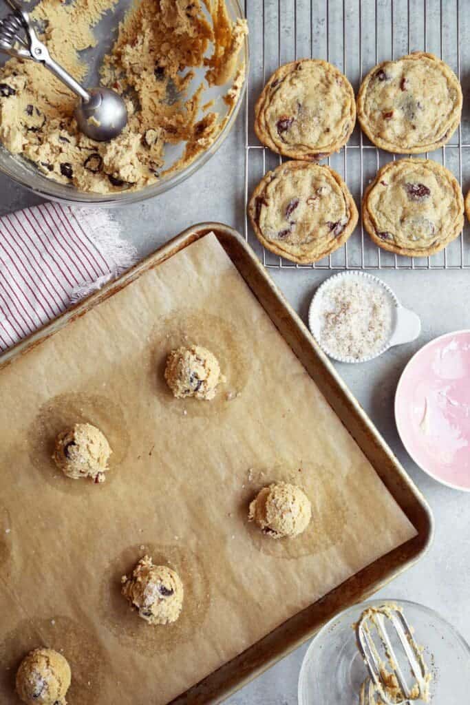 Portioning brown butter chocolate chip cookies to bake.