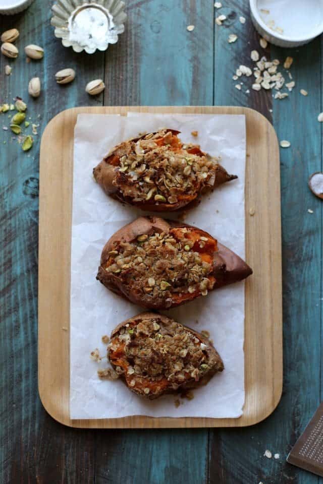 Oat and Pistachio Crumble Topped Baked Sweet Potatoes