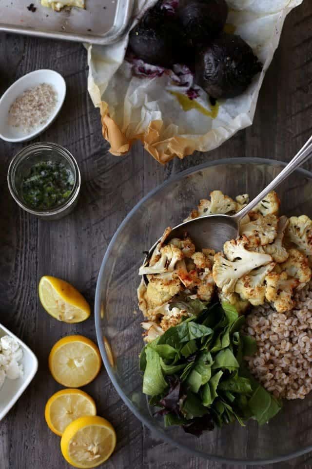 Roasted Cauliflower, Beet, and Farro Salad