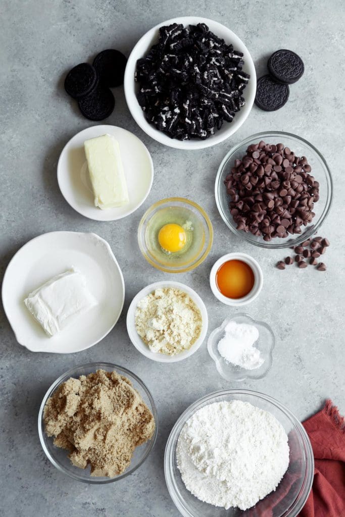Chocolate Chip Cookie ingredients measured and separated in bowls