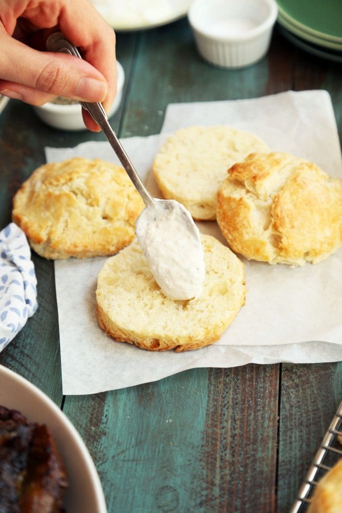 Brisket Breakfast Biscuits with poached egg and horseradish sauce