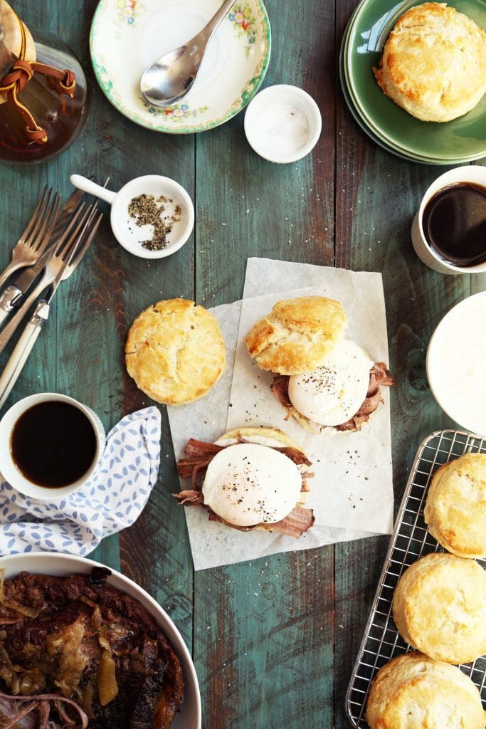 Brisket Breakfast Biscuits with poached egg and horseradish sauce