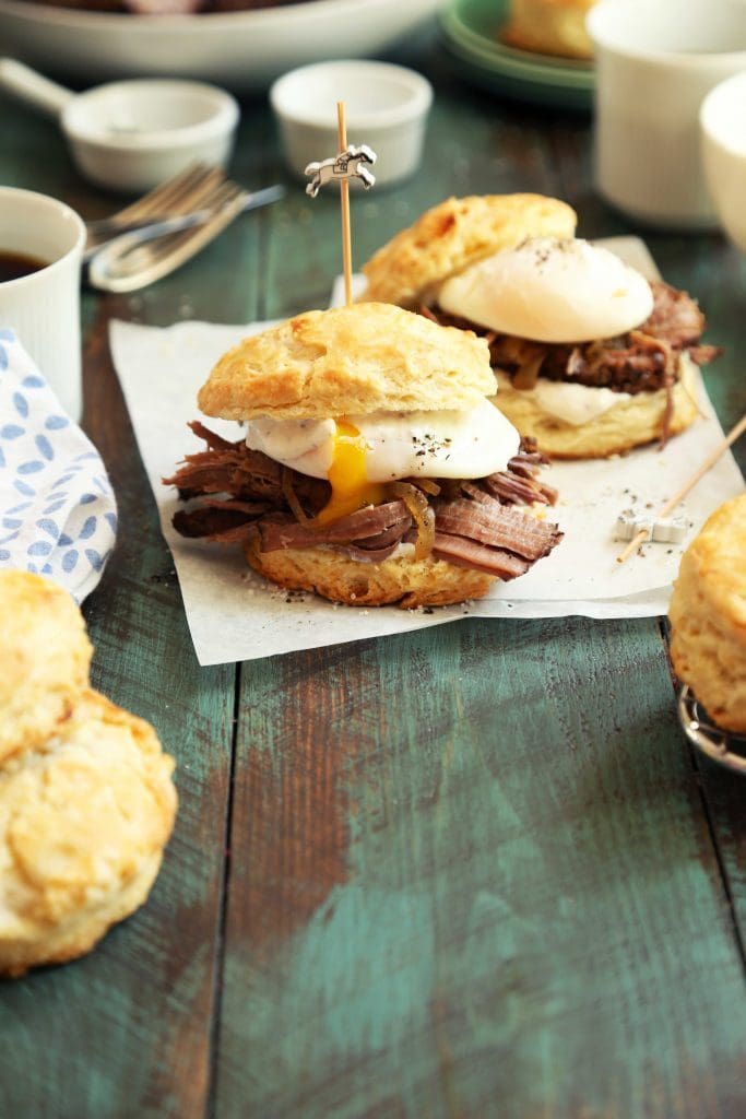 Brisket Breakfast Biscuits with poached egg and horseradish sauce