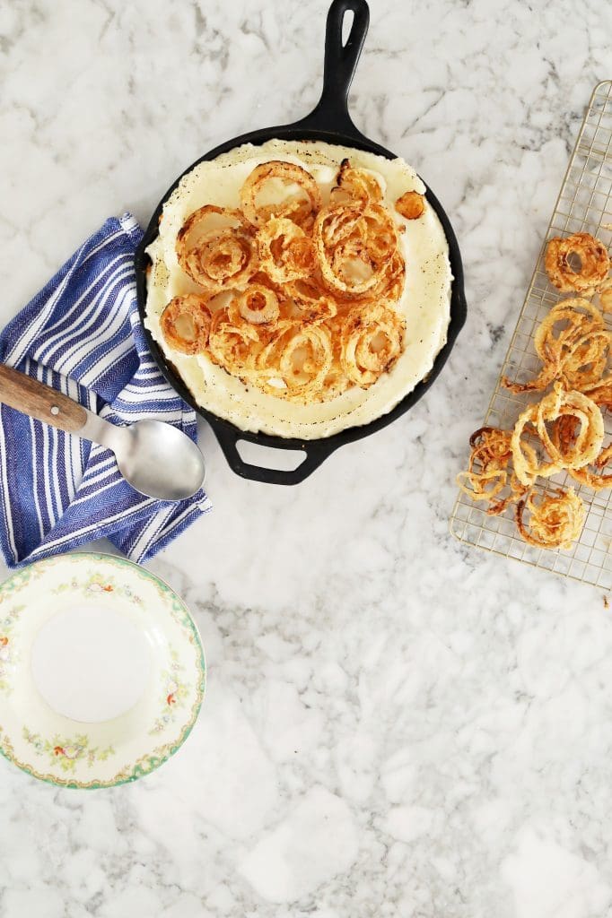 Layered Sweet and Savory Mashed Potatoes with Fried Onions