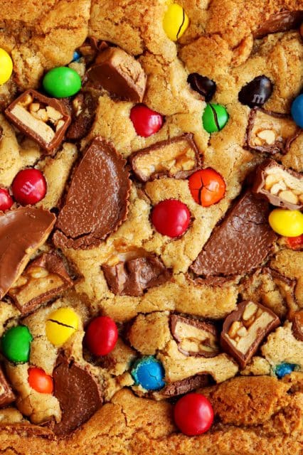 Candy Bar Blondies baked to golden brown.