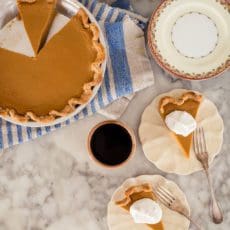 Two slices of gluten-free sweet potato pie on two small plates.