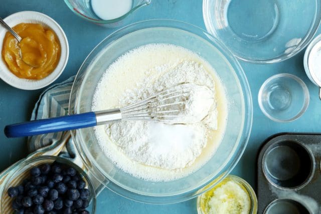 Flour blended into popover batter in a bowl
