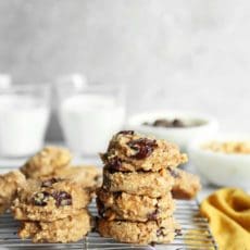 Stack of banana bread cookies on wire rack.