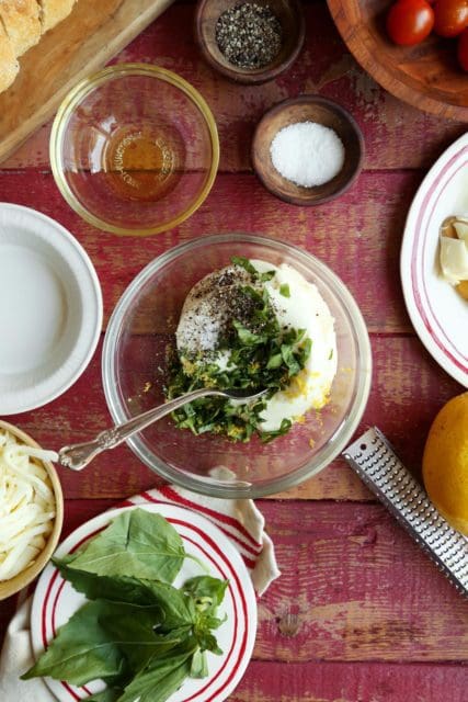Ricotta cheese with fresh basil, salt and pepper and lemon zest for Lasagna Grilled Cheese Sandwich.