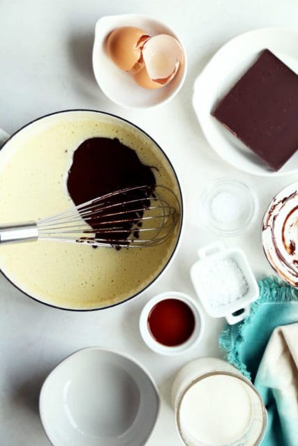 Small saucepan with warm egg and sugar mixture and melted chocolate.