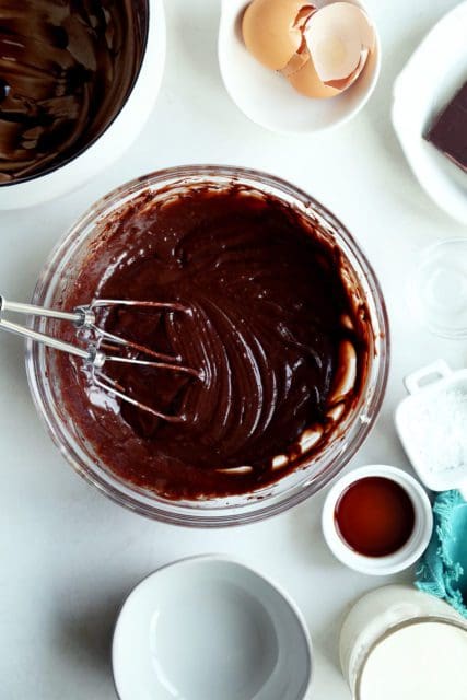 Warmed chocolate mixture whipped with softened butter.