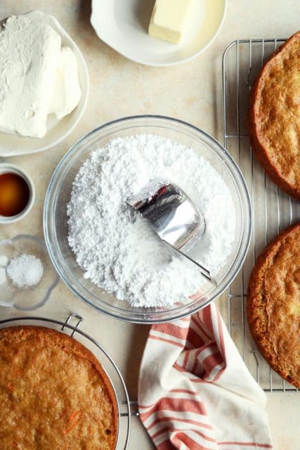 Powdered sugar in large bowl for the best cream cheese frosting.