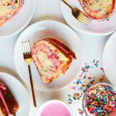 Sliced and plated funfetti cake slices.