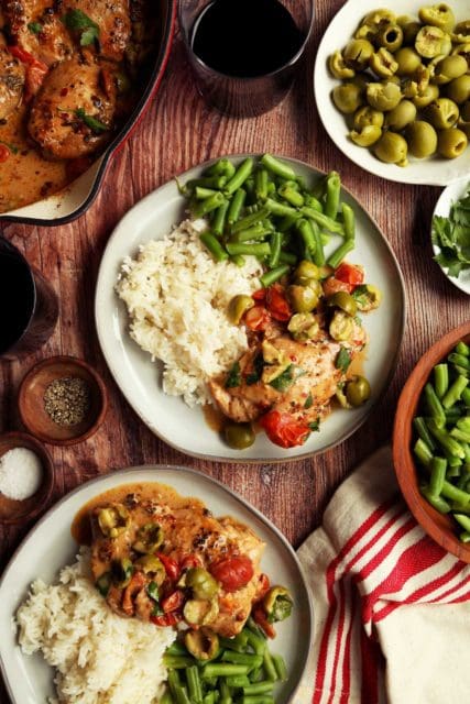 Marry me chicken plated with rice and green beans for dinner.