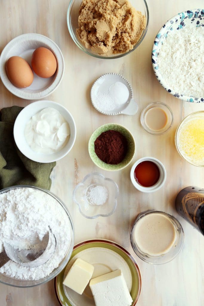 Ingredients for chocolate guinness cake in small bowls.