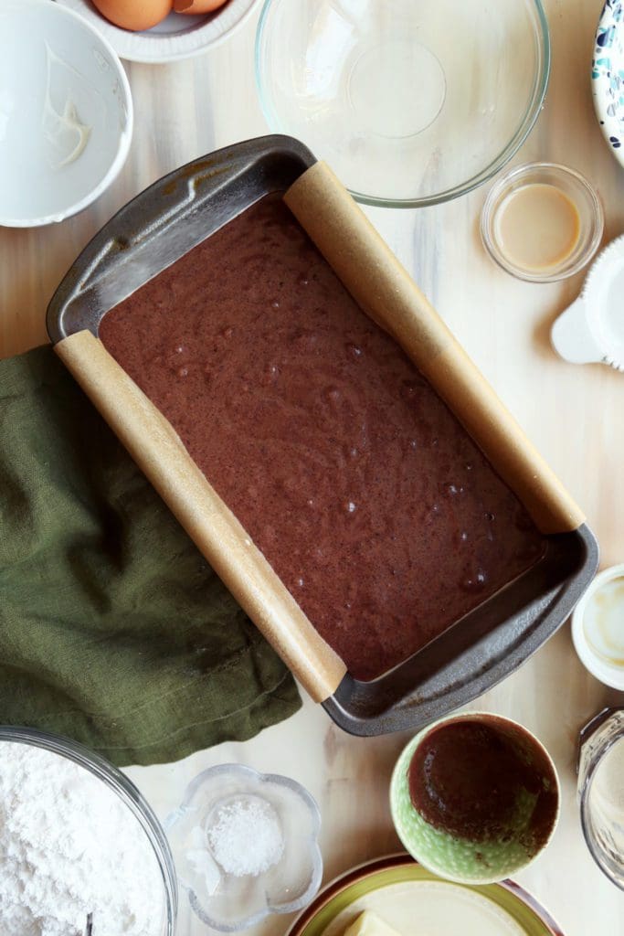 Chocolate Guinness Cake batter in prepared loaf pan.