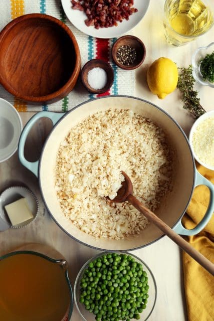Browning rice and onions in skillet.