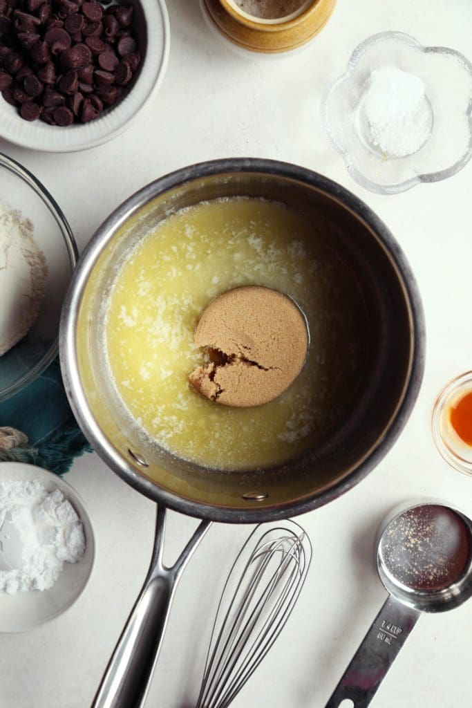 Melted butter in small pan with brown sugar.