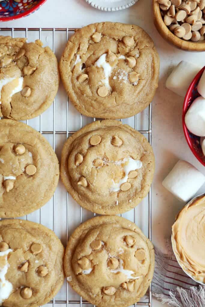 Peanut butter cookies cooling on wire rack.