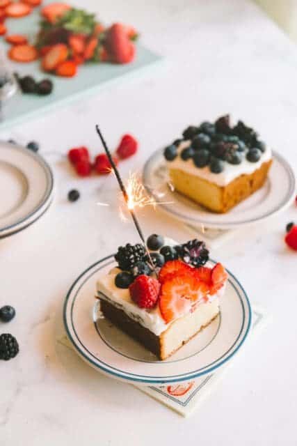 a piece of 4th of July cake with a festive sparkler