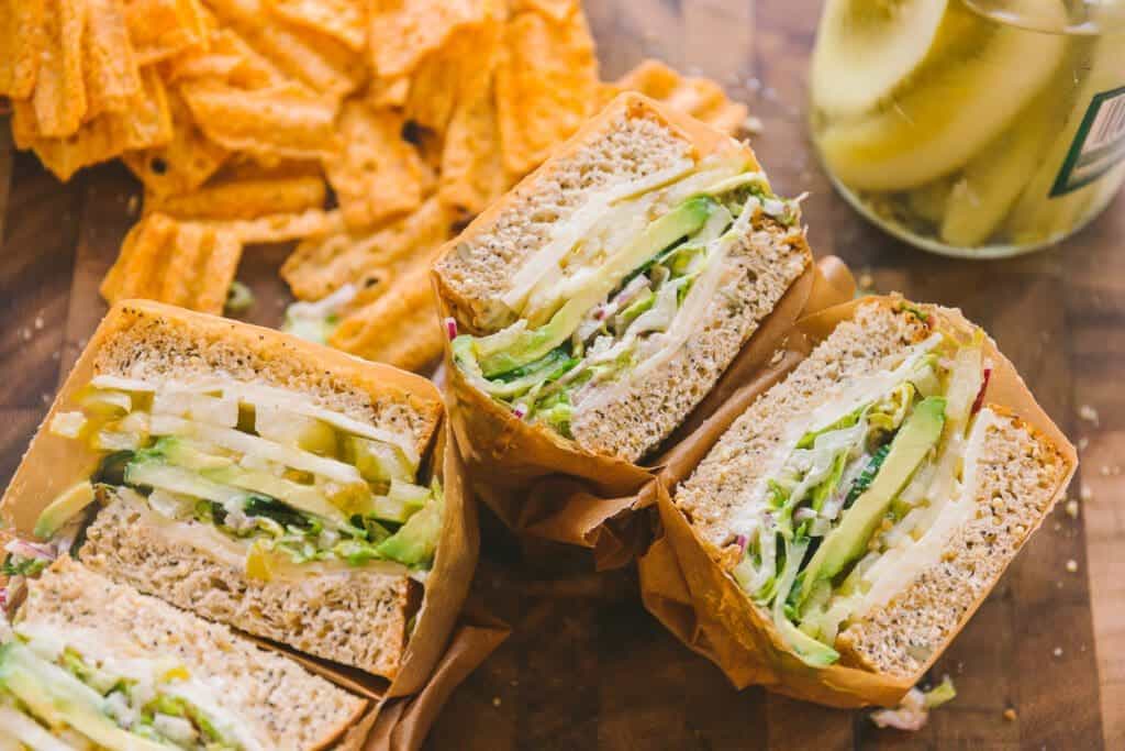 close up of sandwiches and chips