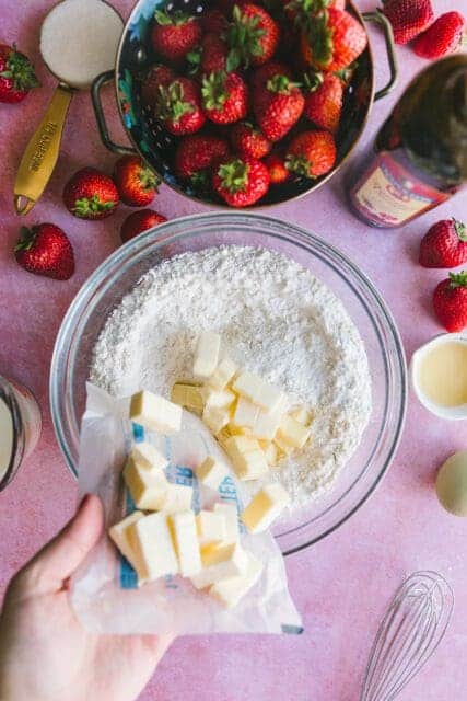 adding cold cubed butter to strawberry shortcake recipes