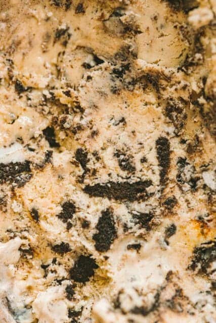 close up of a scoop of coffee ice cream