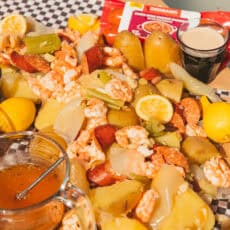 Shrimp Boil outdoors on butcher paper.