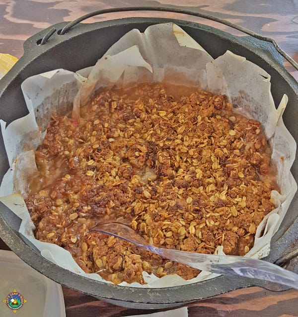 rhubarb crunch in a dutch oven