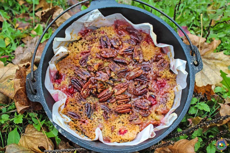 Dutch oven filled with cranberry crisp