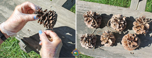 wrapping pinecones with jute string