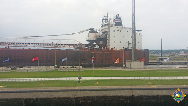 a freighter going through the Soo Locks