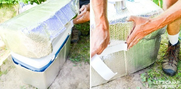 2 photo collage of a cooler cover being made
