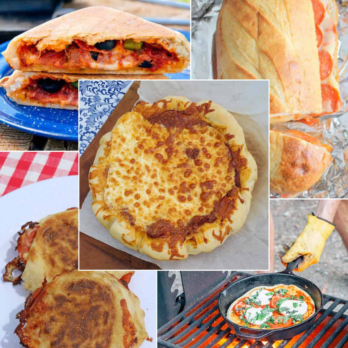 collage of different campfire pizza recipes