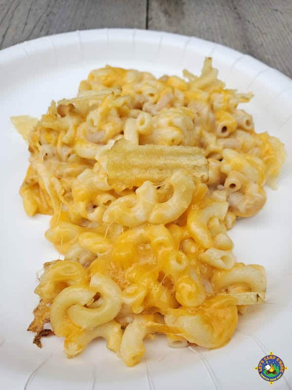 white plate with a serving of macaroni and cheese
