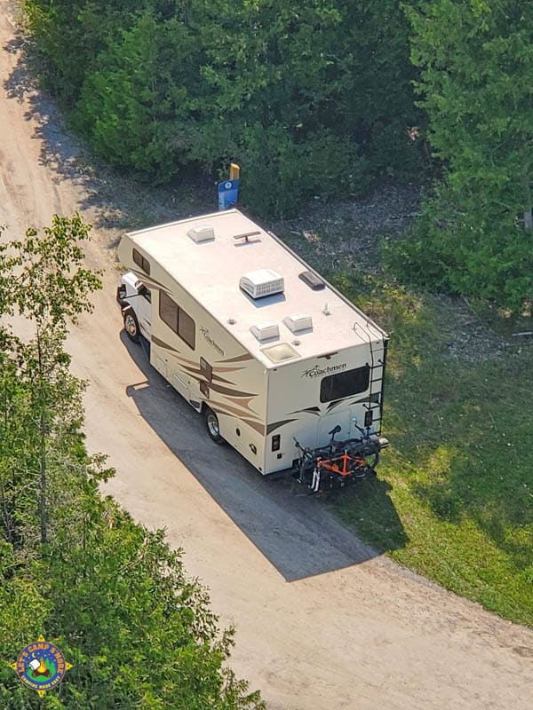 aerial photo of a motorhome taken from the top of a lighthouse in Michigan