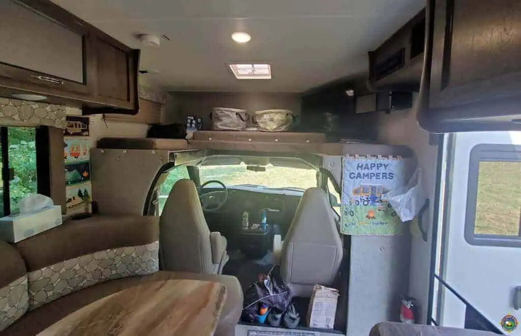 a view of the front cab and interior of a Coachmen Freelander 21QB motorhome
