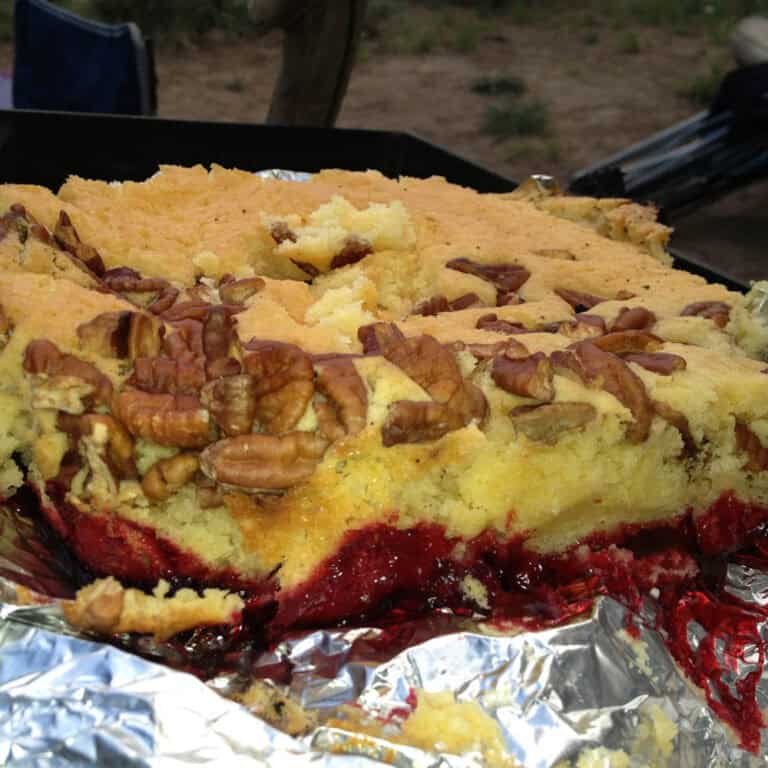 close up of a dutch oven cake