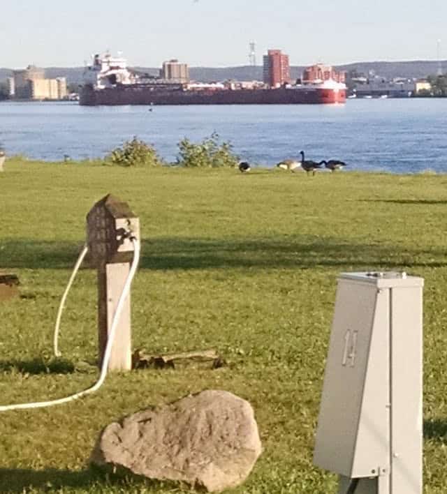 freighter going up the St. Mary's River in Michigan
