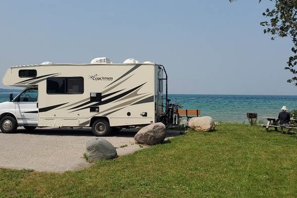 motorhome parked at Rogers City Park along Lake Huron