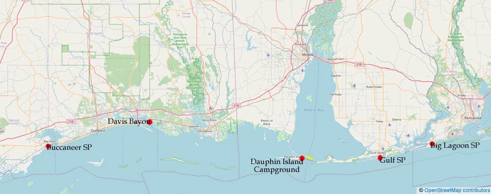 OpenStreetMap of Gulf Coast with Campgrounds Marked