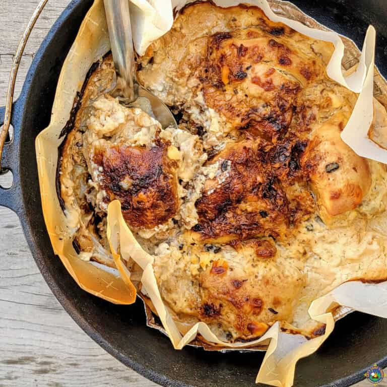 close up of chicken and rice in a Dutch oven