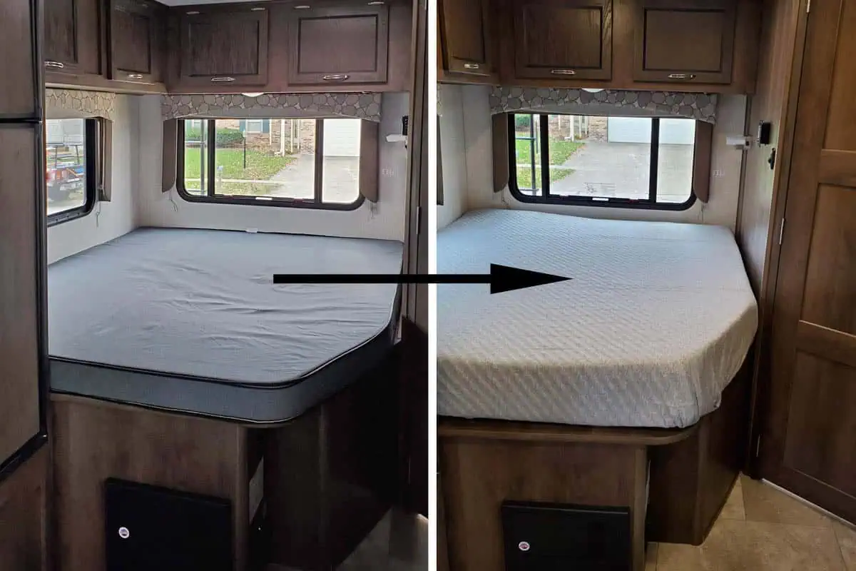 before and after of an RV mattress replacement