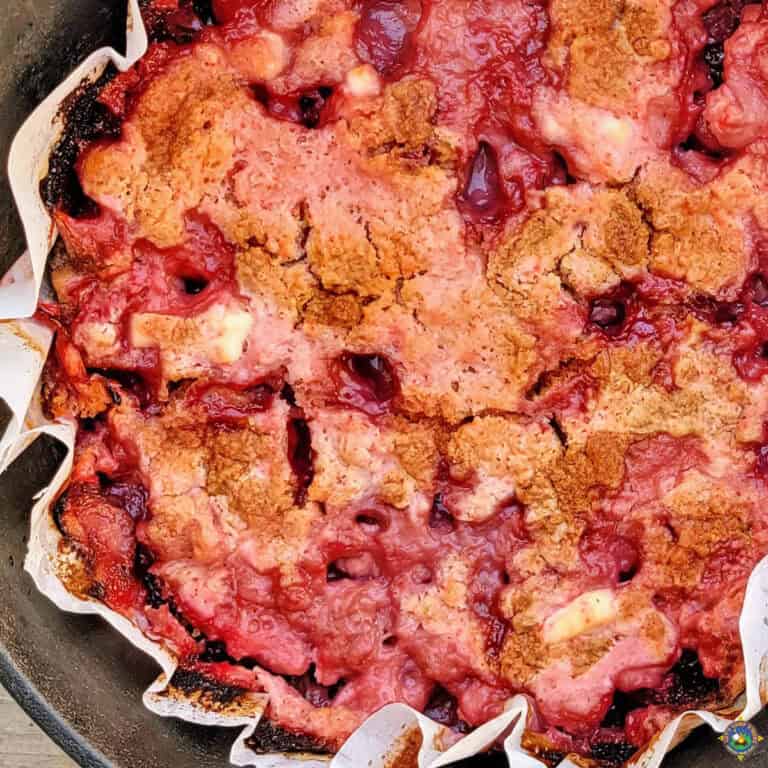 Strawberry Dump Cake Camping Recipe in a Dutch Oven
