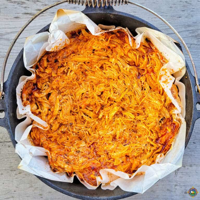 Dutch Oven filled with Hot Sauce Chicken