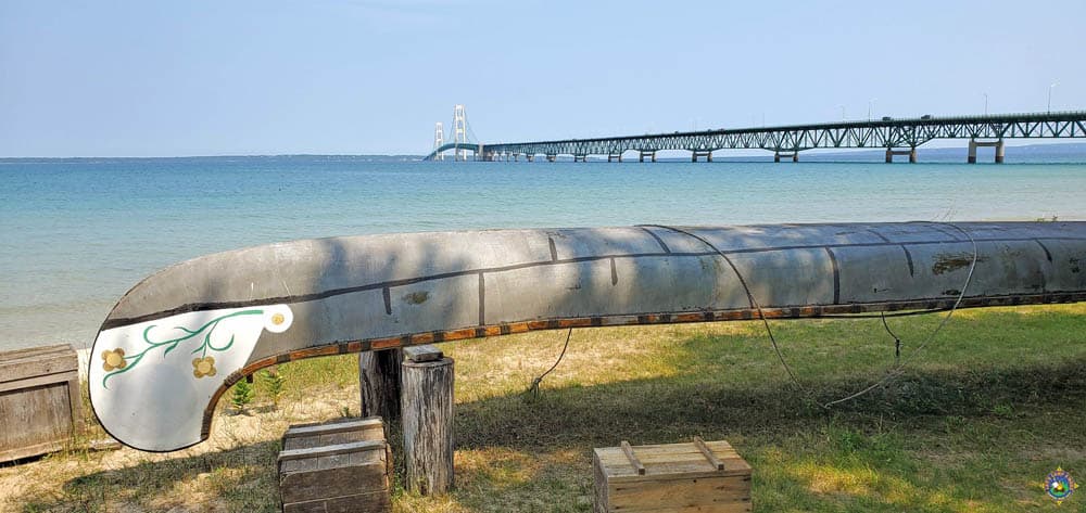 view of the Mackinac Bridge from the shore of Mackinaw City