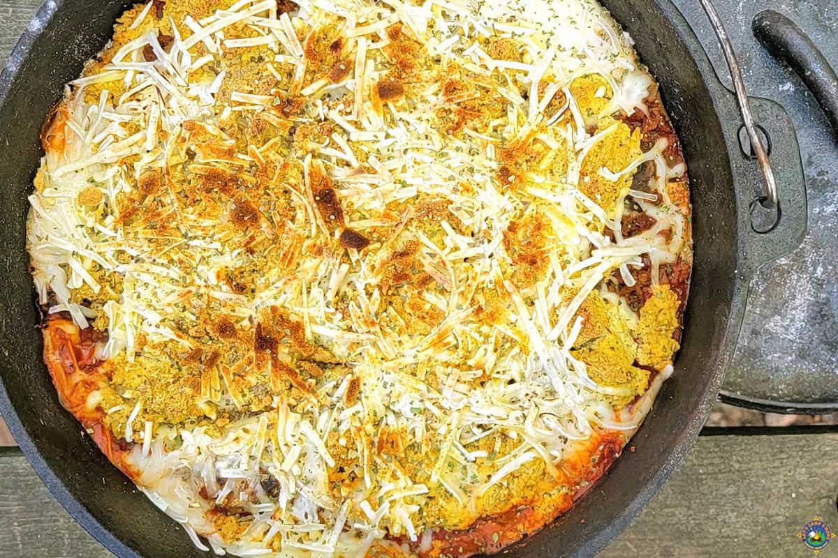 Close up of Dutch Oven Lasagna made while camping