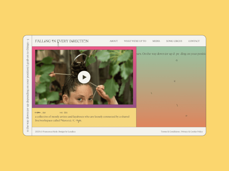 Invitation screen titled Falling in Every Direction displaying a paused video of an individual wrapping their hair. The background transitions from green to peach. Navigation links are located at the top.