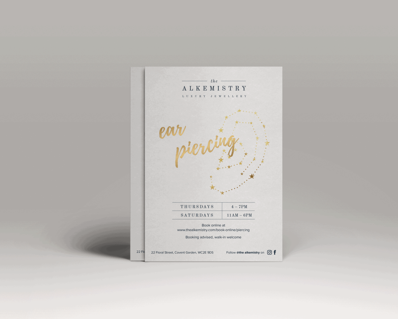 The Alkemistry leaflet with an ear illustration and the text "ear piercing" on it.