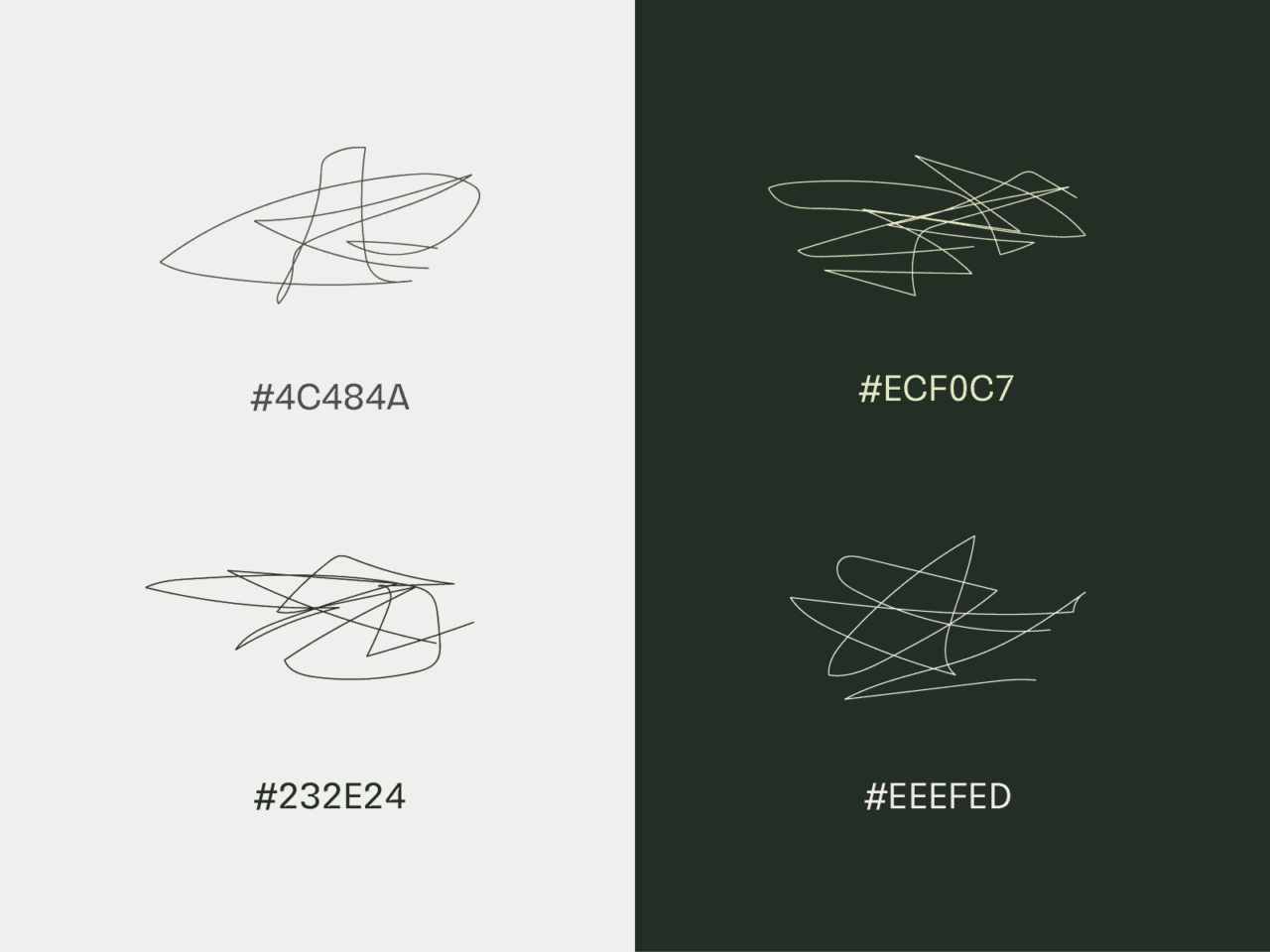 Brand scribbles illustrating the grey and green colour palettes of Emmanuelle Waeckerlés website with hex codes